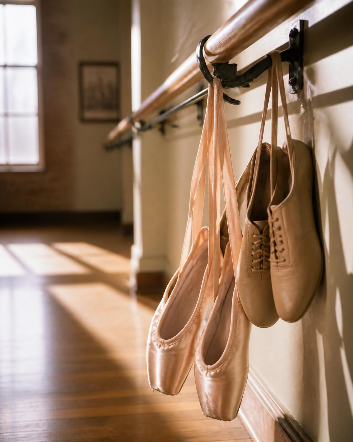 Dance shoes hanging by the barre