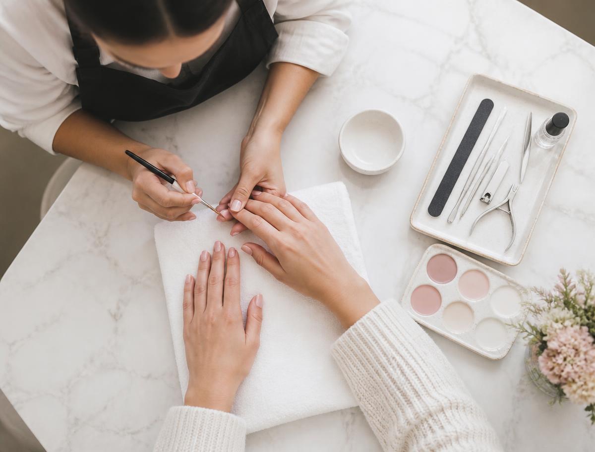 Nail technician at a marble manicure table