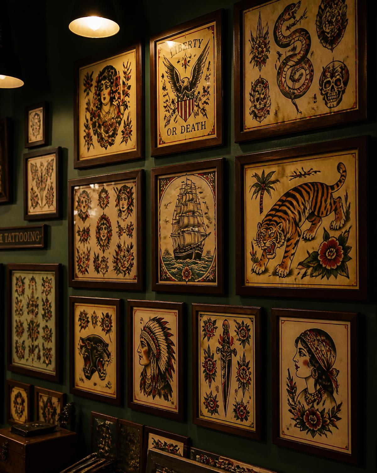 Wall of framed traditional tattoo flash