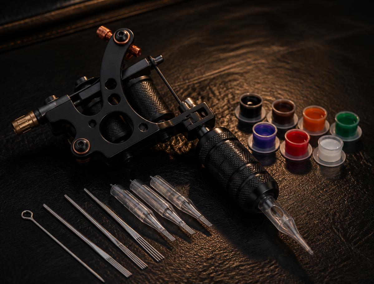 Tattoo machine, needles and ink caps laid out